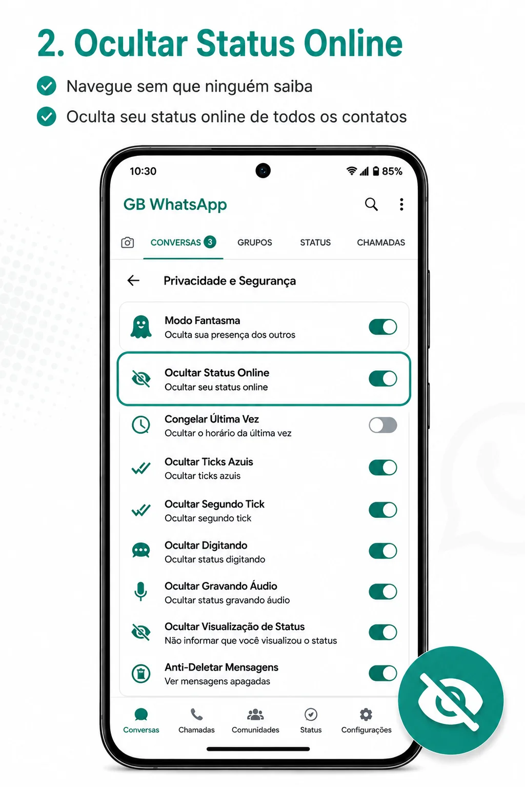 Ocultar status online no WhatsApp GB