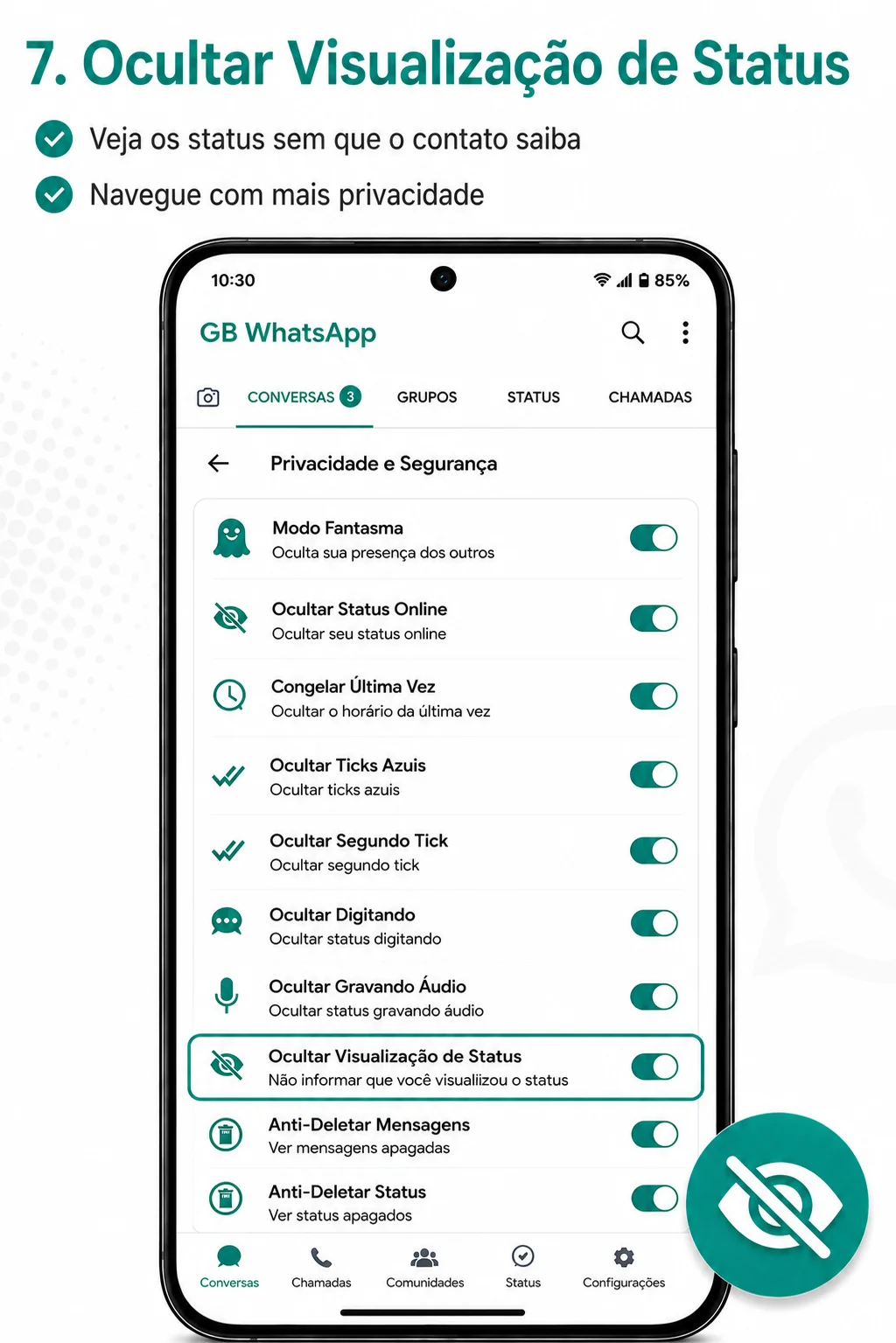 Ocultar visualização de status no WhatsApp GB Pro