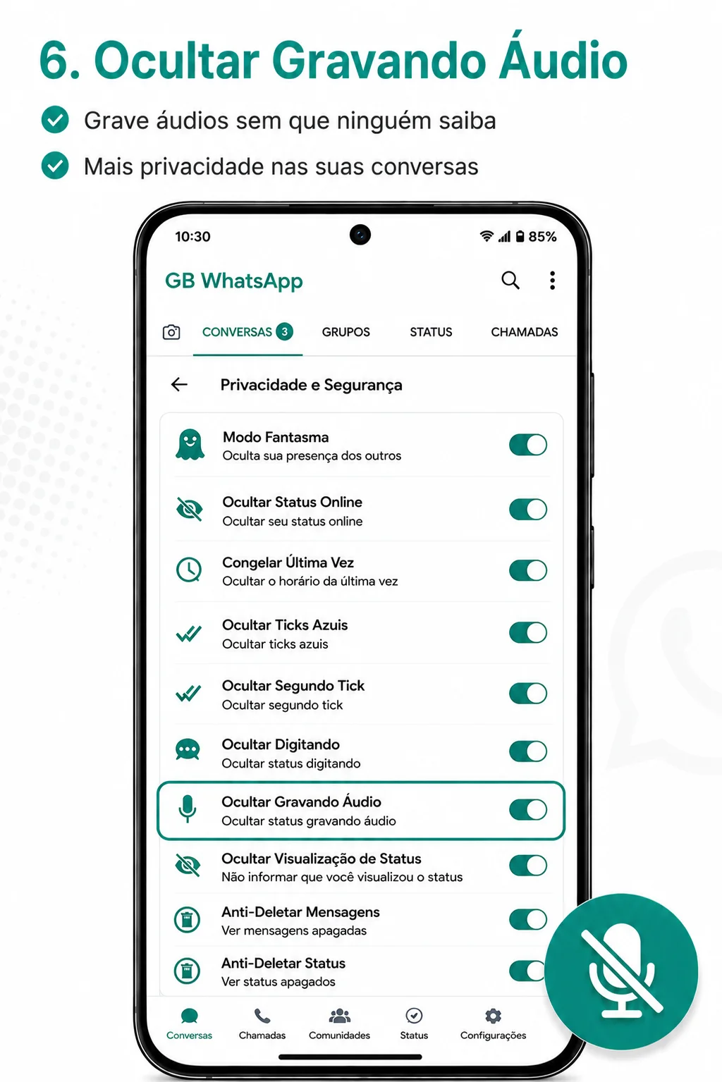 Ocultar gravando áudio no WhatsApp GB