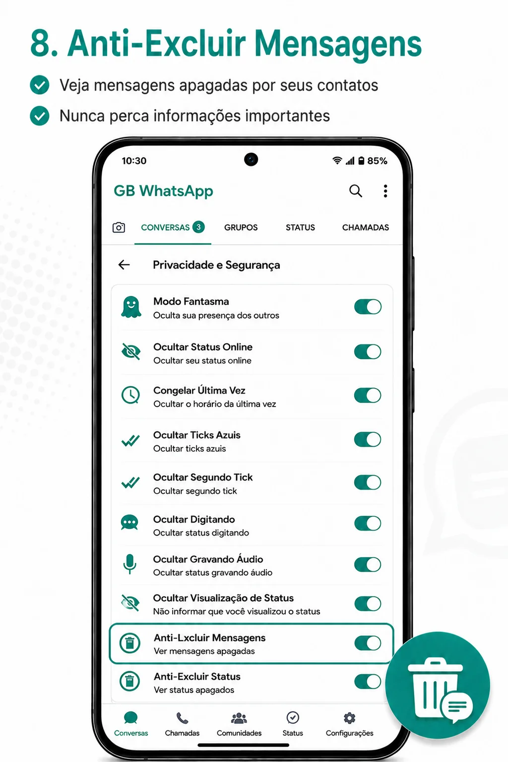 Anti-excluir mensagens no WhatsApp GB