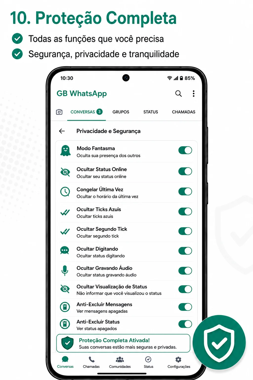 Proteção completa de privacidade no WhatsApp GB Pro